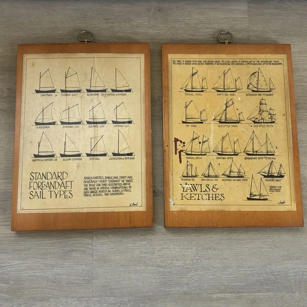 S. Frank Vintage Nautical Sailboat Wood Plaque Art Set Yawls Ketches Sail Types